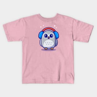 Cute Owl Wearing Earmuffs Cartoon Kids T-Shirt